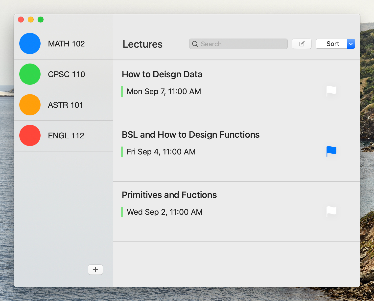 A screenshot of the mac app Lisse, displaying a list of courses on the left and a list of lectures